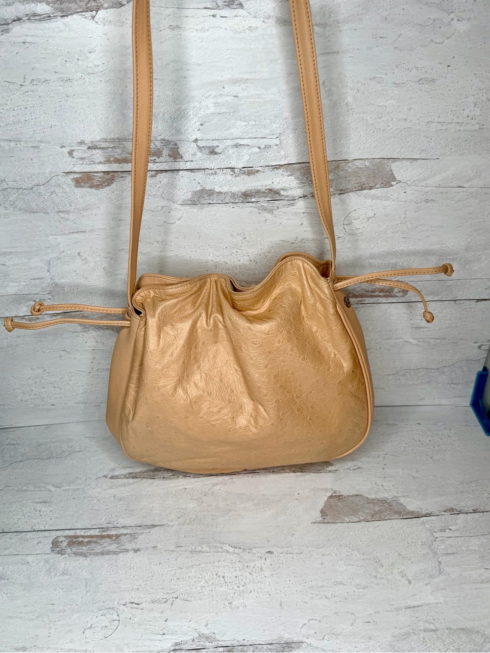 Patterned Tan Drawstring Shoulder Bag